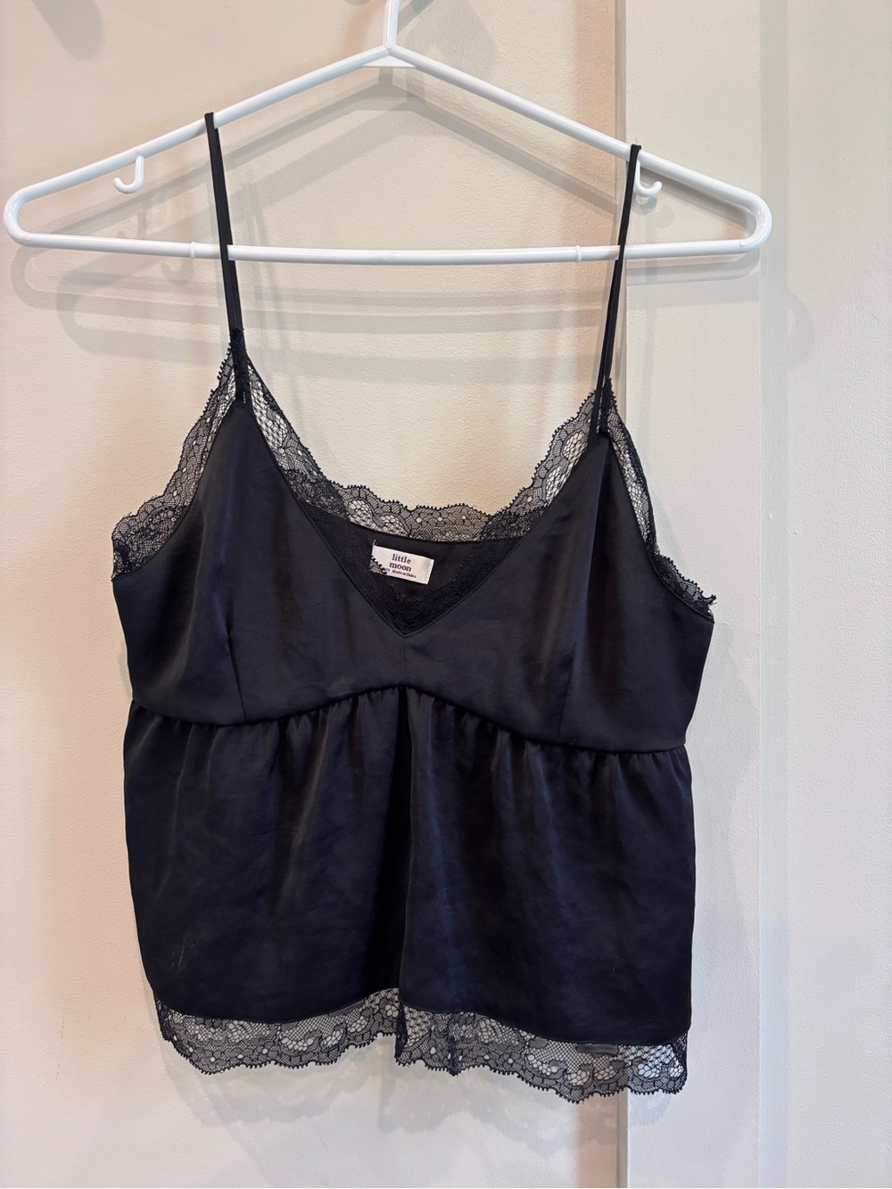 Little Moon Black Satin Lace-Trim Camisole